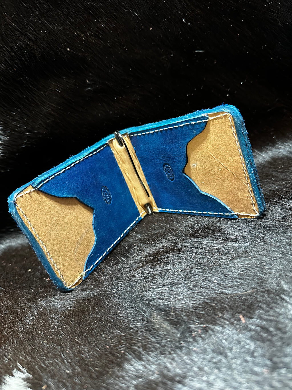 Blue buffalo hide money clip wallet